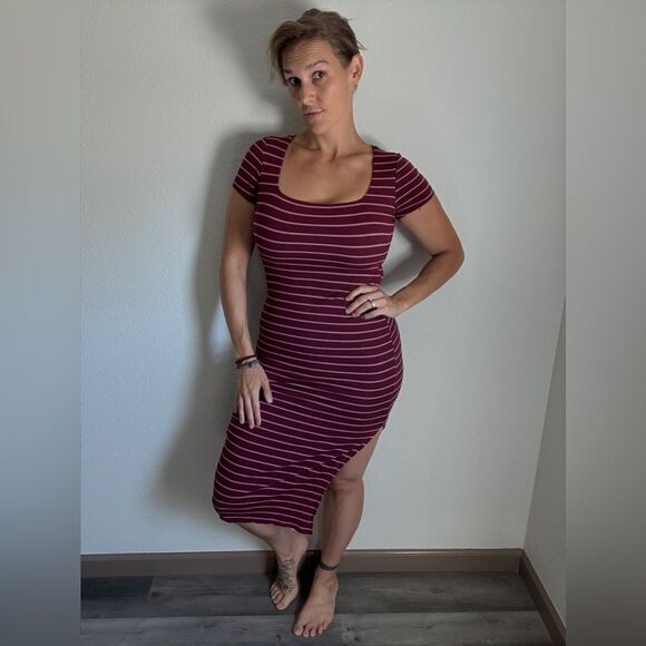 Haley & June Ribbed Midi Dress Purple Wine Pink Stripe - Picture 1 of 11
